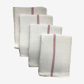 4 unbleached linen tea towels with red stripes