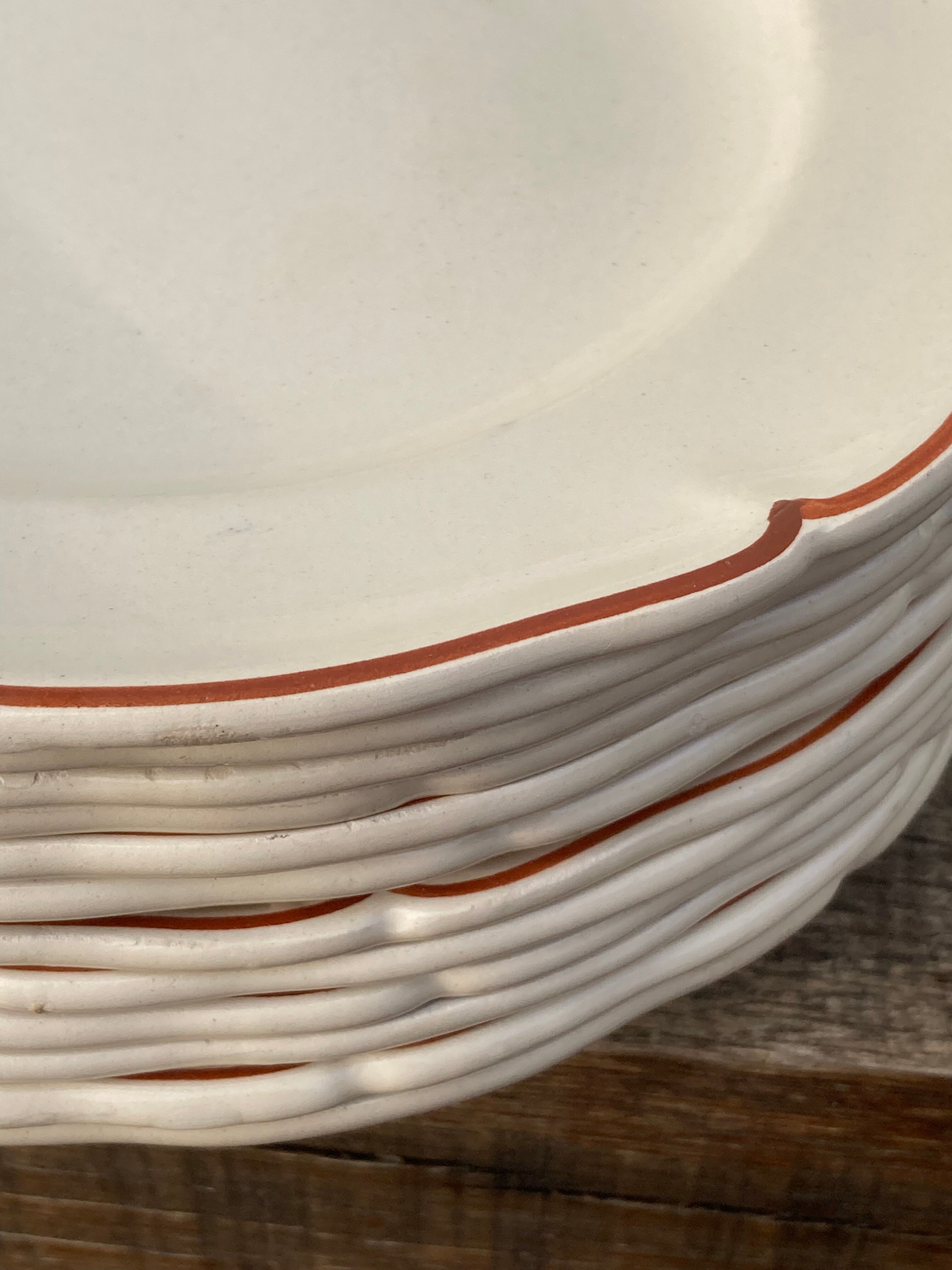 12 white old flat plates with brown fillet