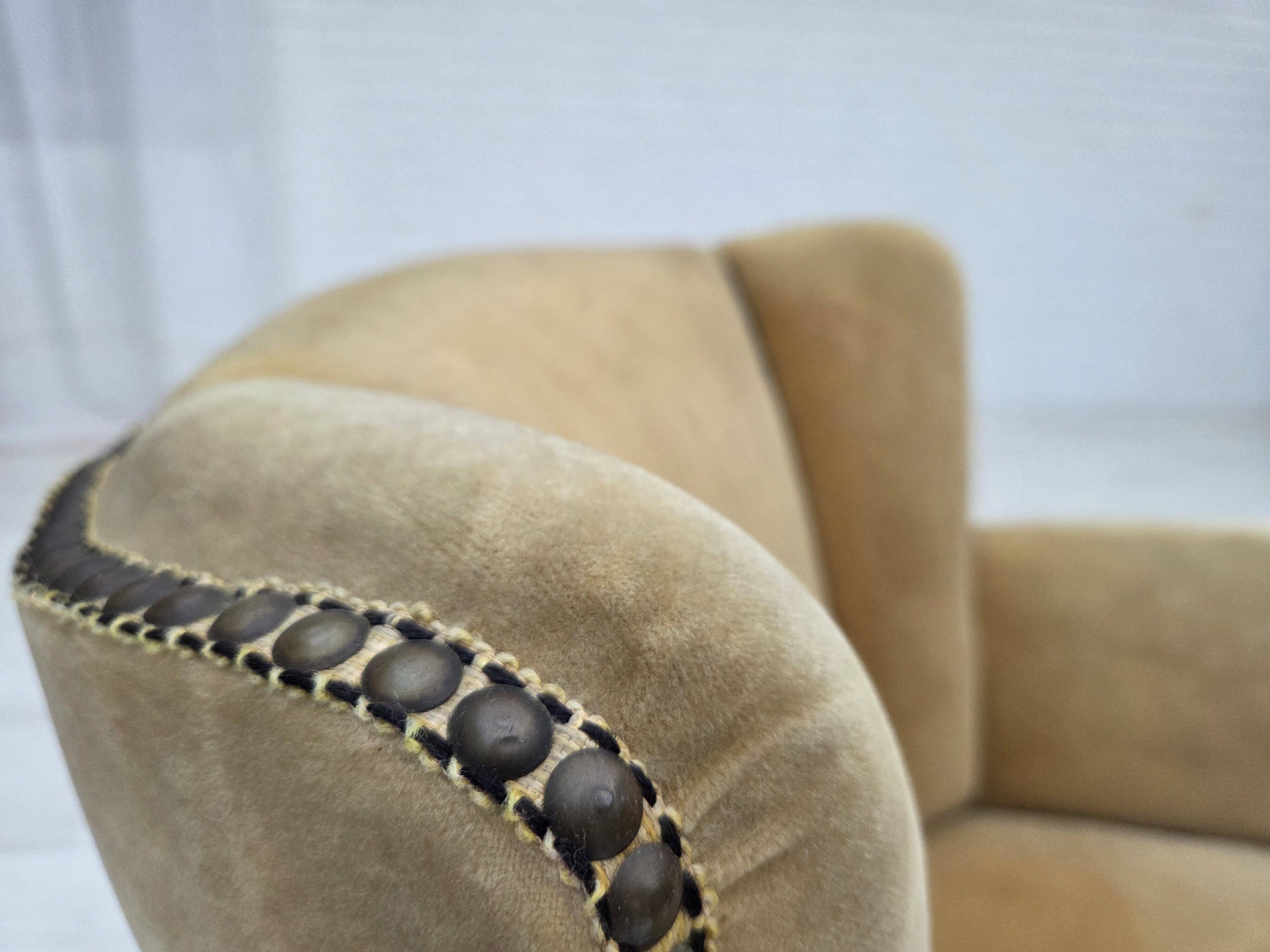 1950s, Danish relax chair, furniture velour with patina, oak wood legs.