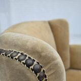 1950s, Danish relax chair, furniture velour with patina, oak wood legs.