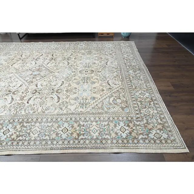 1970s Vintage Persian Handmade Wool Cotton Beige Area Rug 291x387
