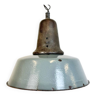 Large industrial grey enamel factory lamp with cast iron top, 1960s