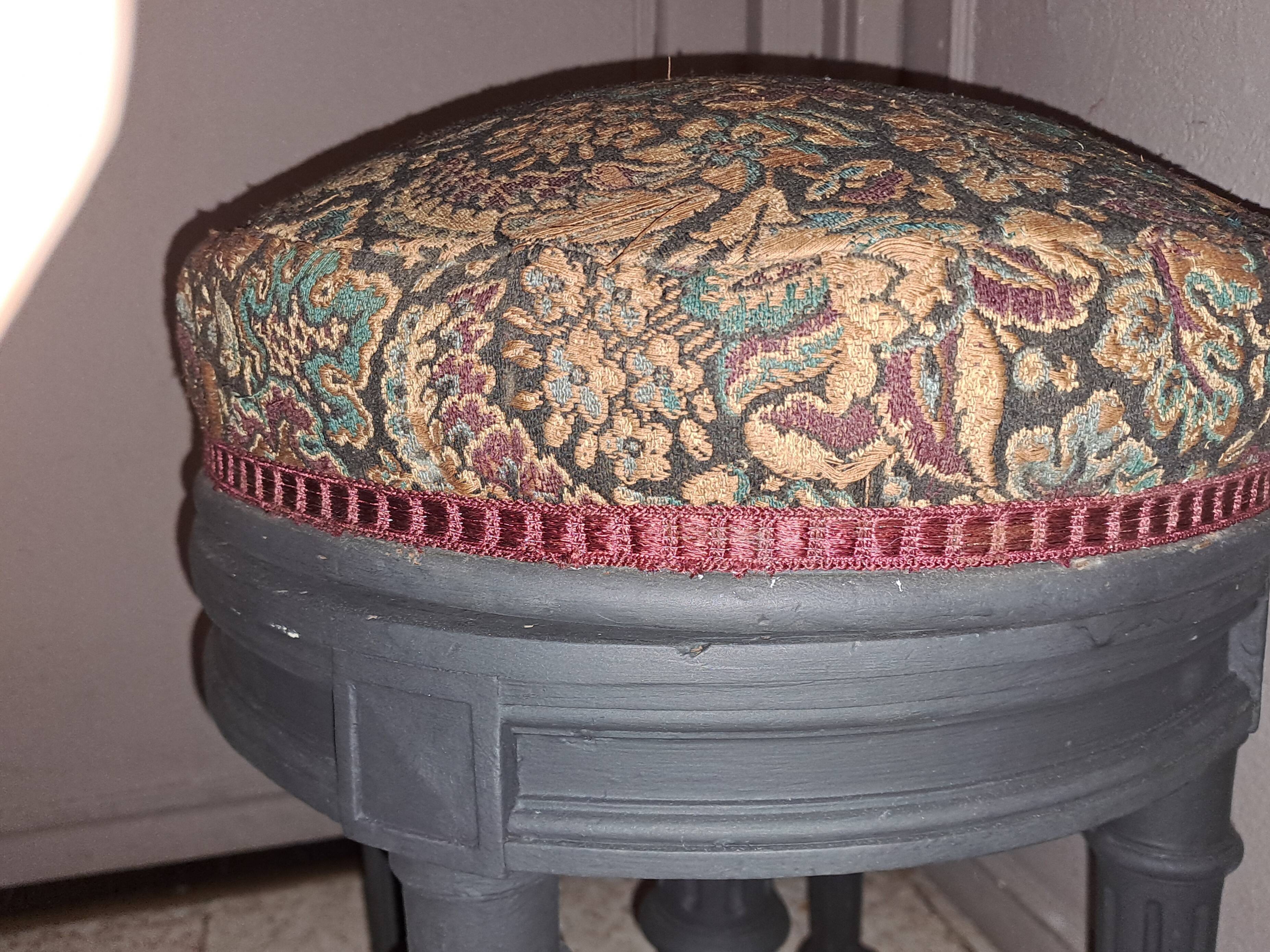 Black wood piano stool XIX Napoleon III style restoration fabric upholstery living room decoration