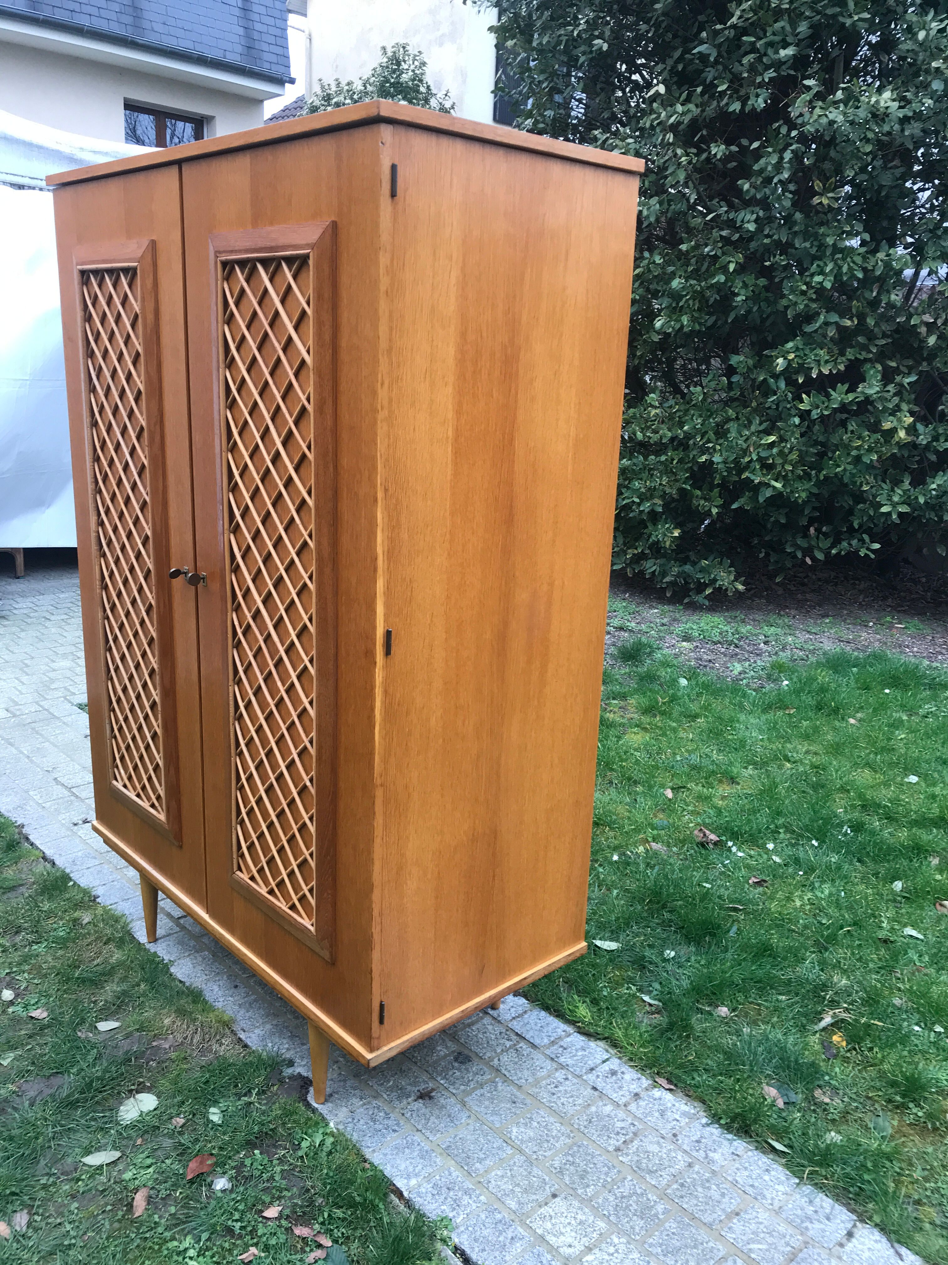 Wooden cabinet and vintage rattan 1950