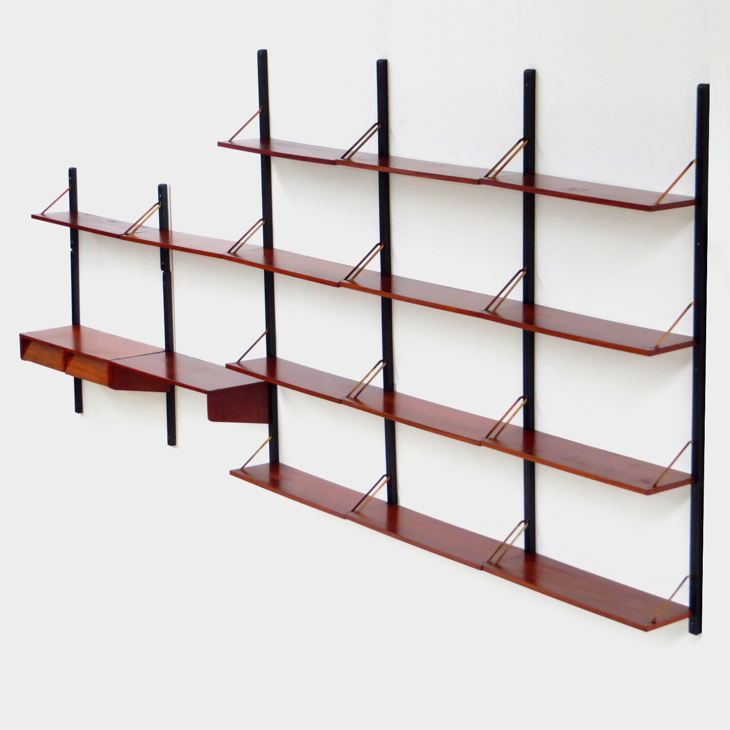Mid century bookcase wall unit shelving system in teak with writing desk workstation, 1960s