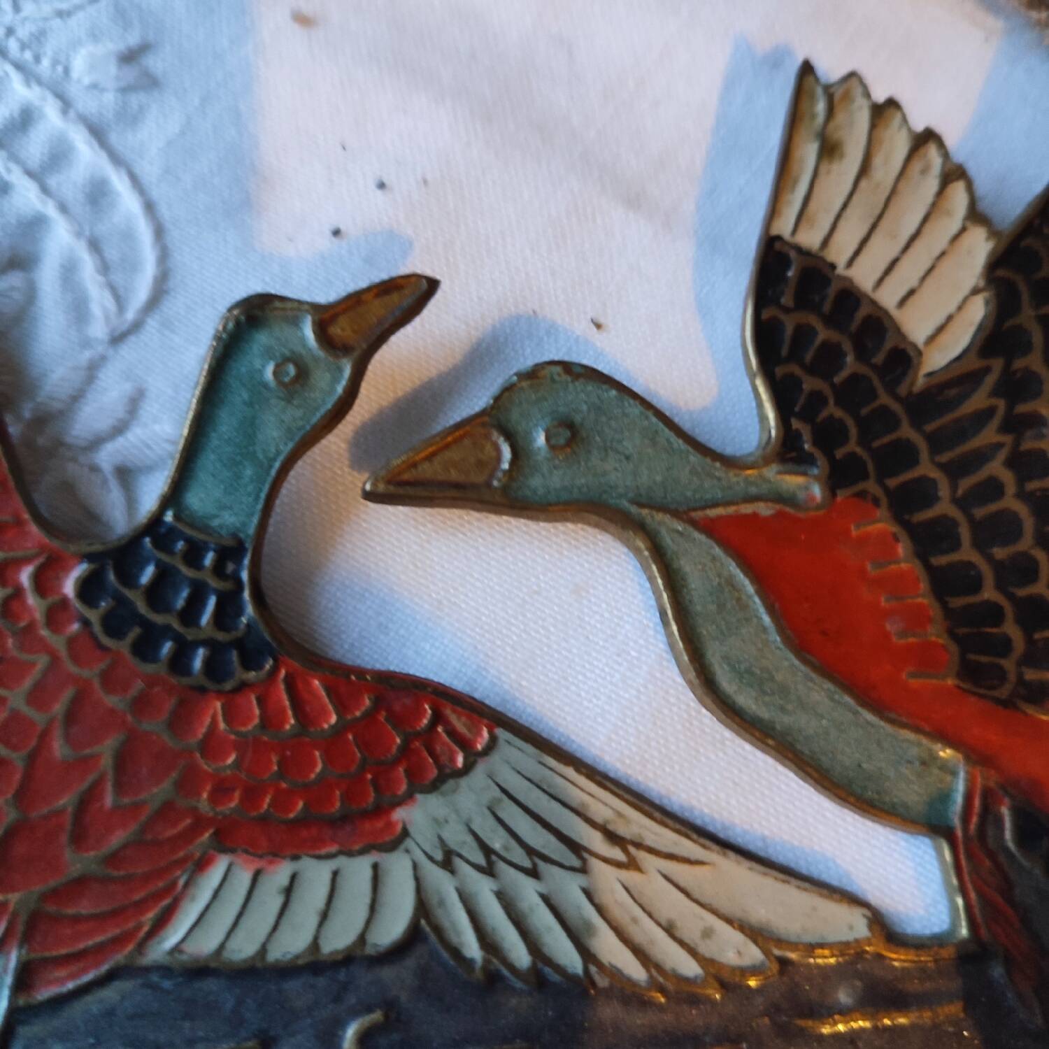 Vintage enamelled metal wall coat rack, duck motif, made in