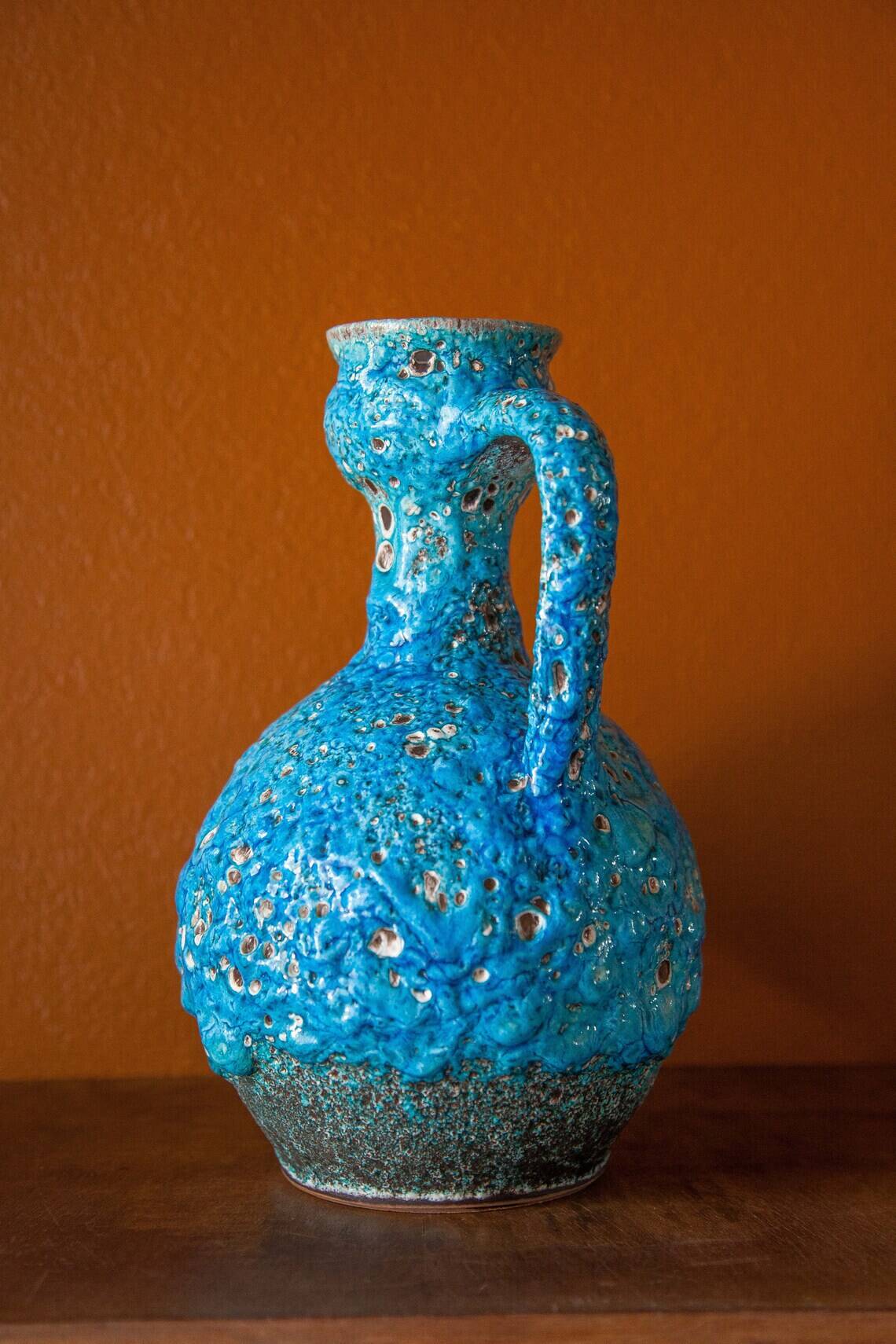 Fat Lava turquoise ceramic vase, ceramic pitcher, sea foam, blue crater vase, turquoise emaux