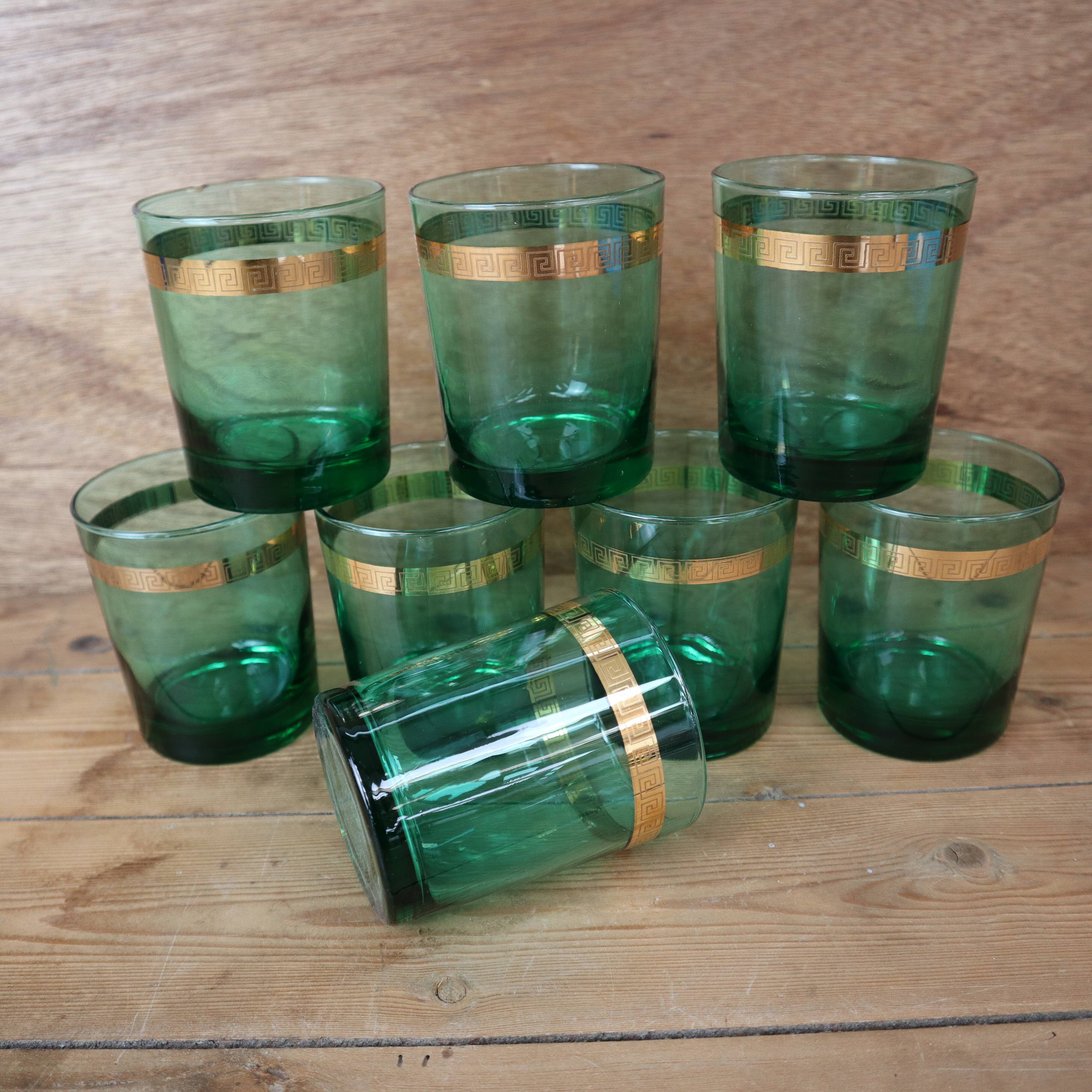 8 verres à whisky vert émeraude bande dorée Luminarc France