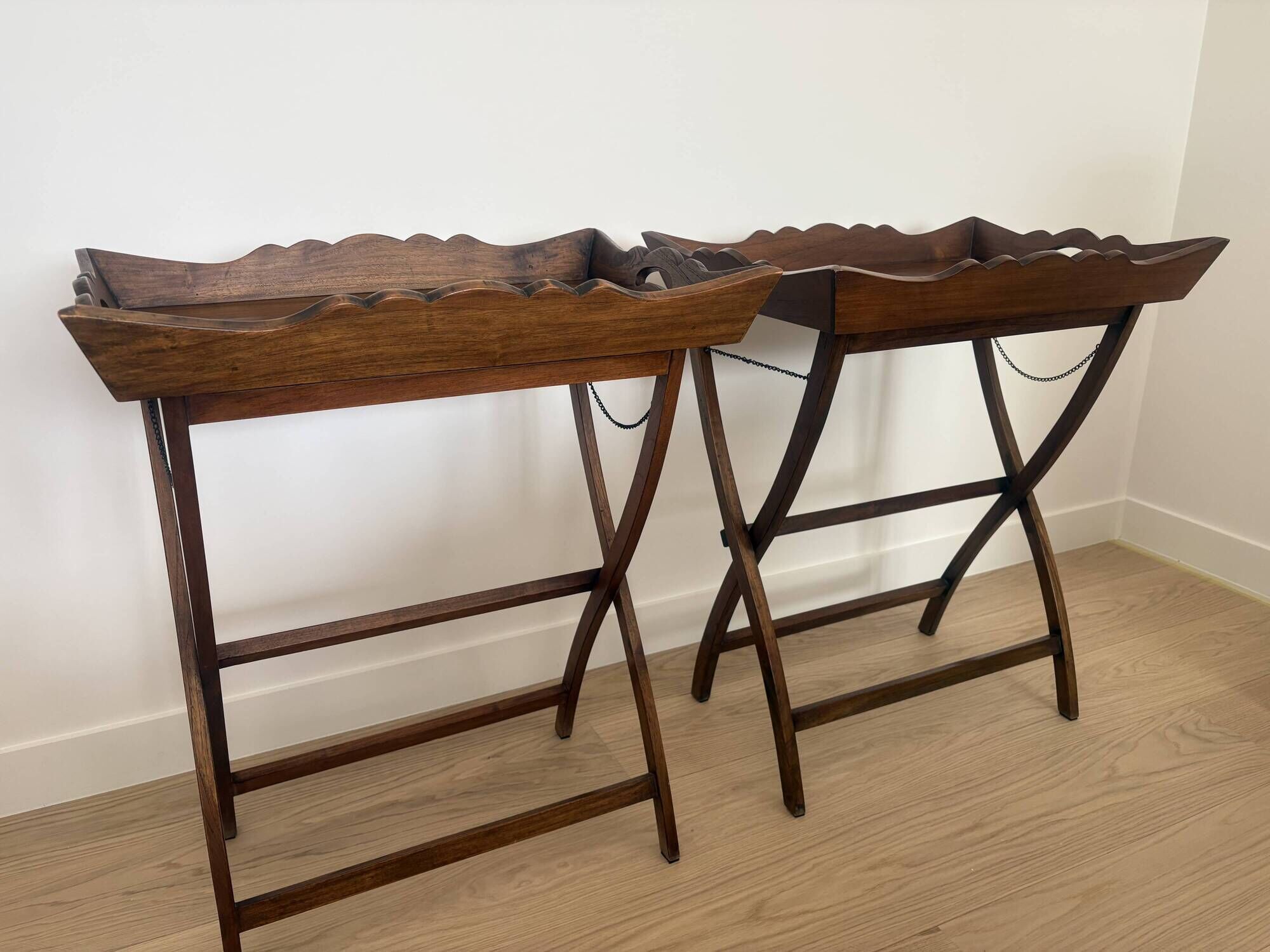 Pair of folding wooden side tables / serving tables in style