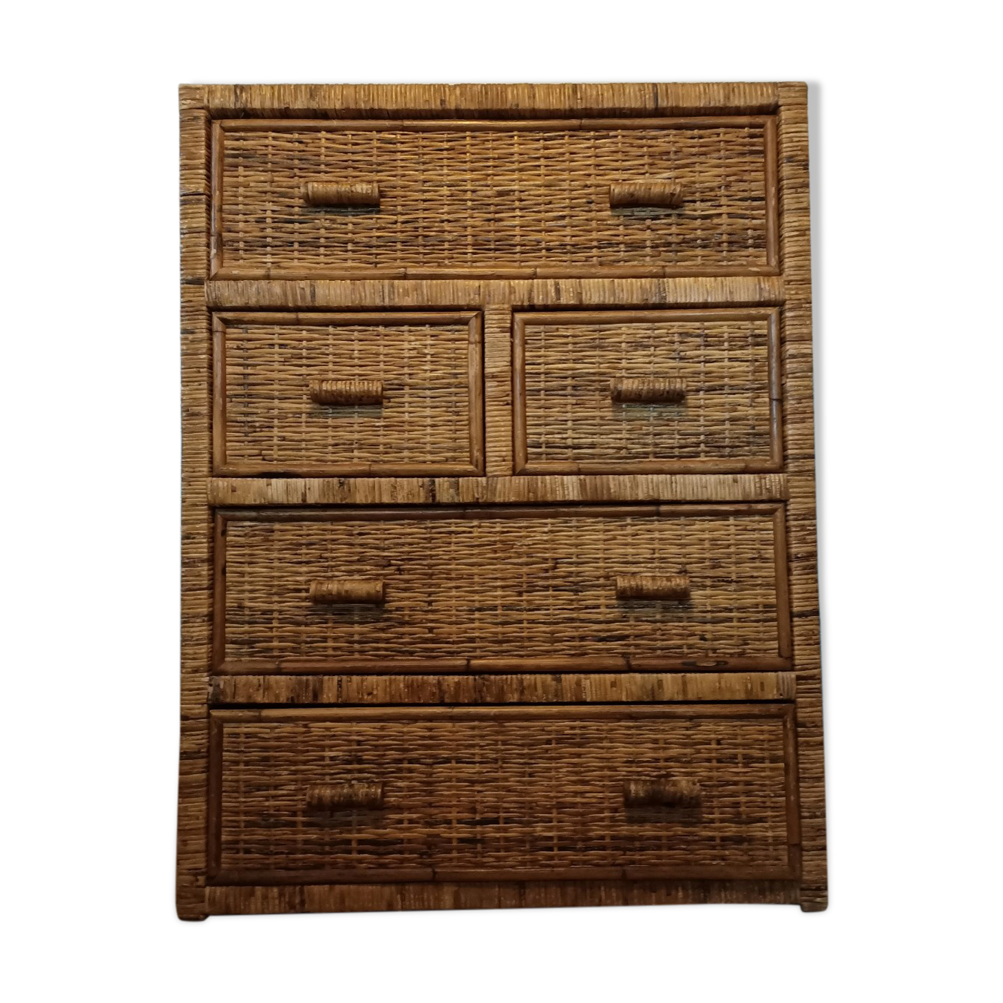 High wood and rattan chest of drawers