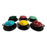 Set of 6 1960s coloured cups st clement faience with their saucers