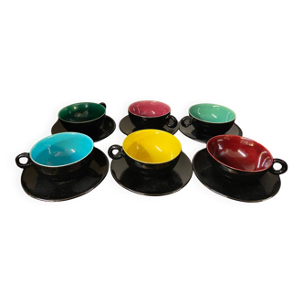 Set of 6 1960s coloured cups st clement faience with their saucers