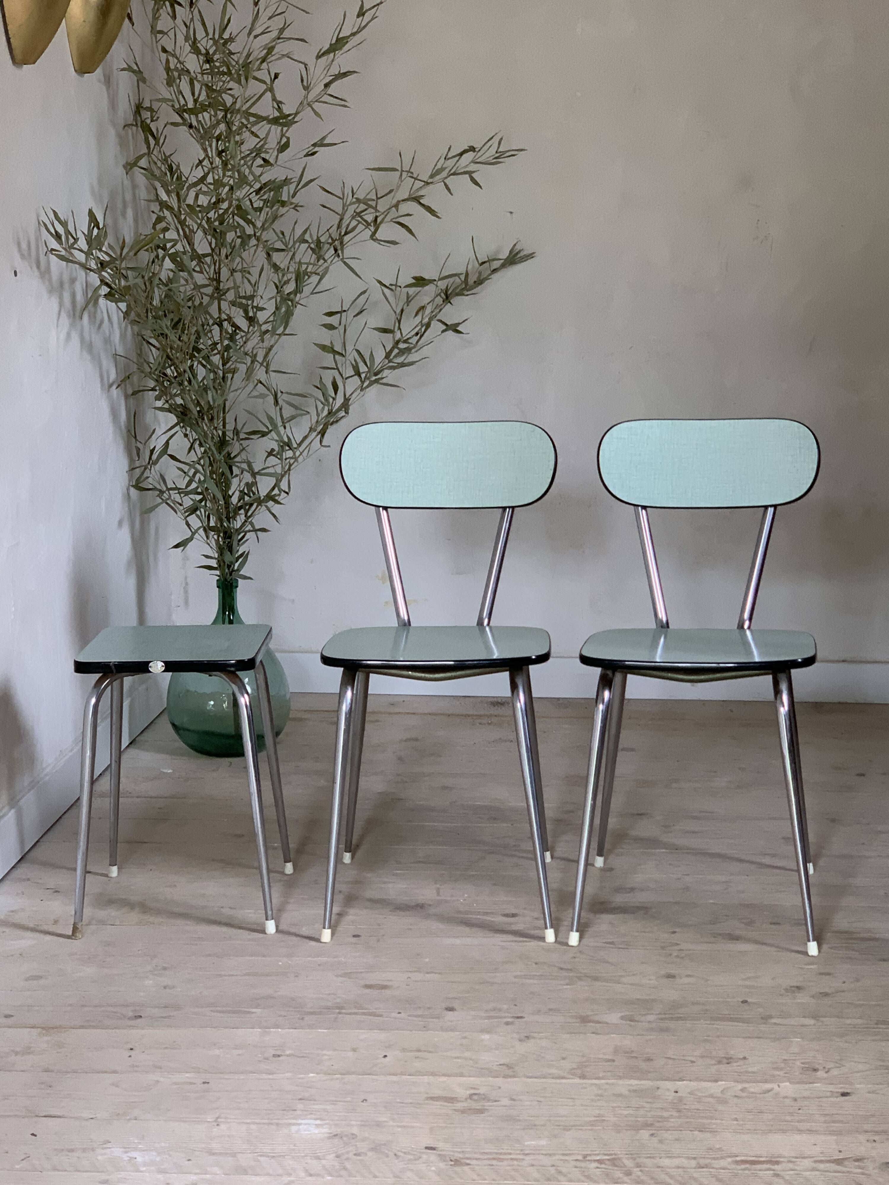 Almond green Formica chairs and stool