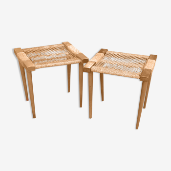 Pair of bedside tables or stools in beech and rope