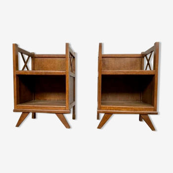 Pair of vintage bedside tables in light oak 1950s compass feet