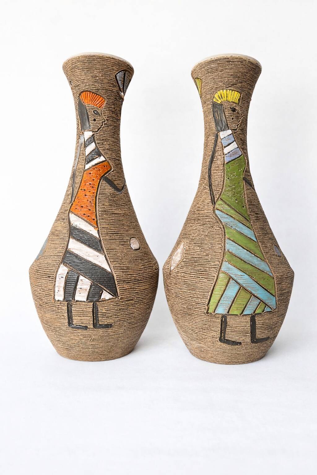 Pair of Fratelli Fanciullacci vases, sgraffito decoration with stylised figures,