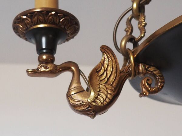 Lucien Gau French Empire Bronze Chandelier: Swan Arms, Green Tole