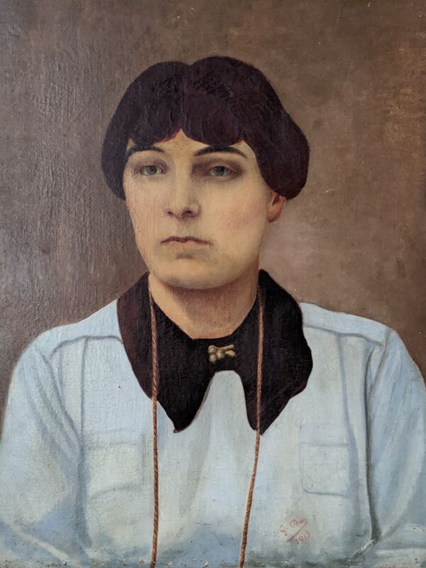 Tableau ancien portrait huile sur toile décoration campagne bohème