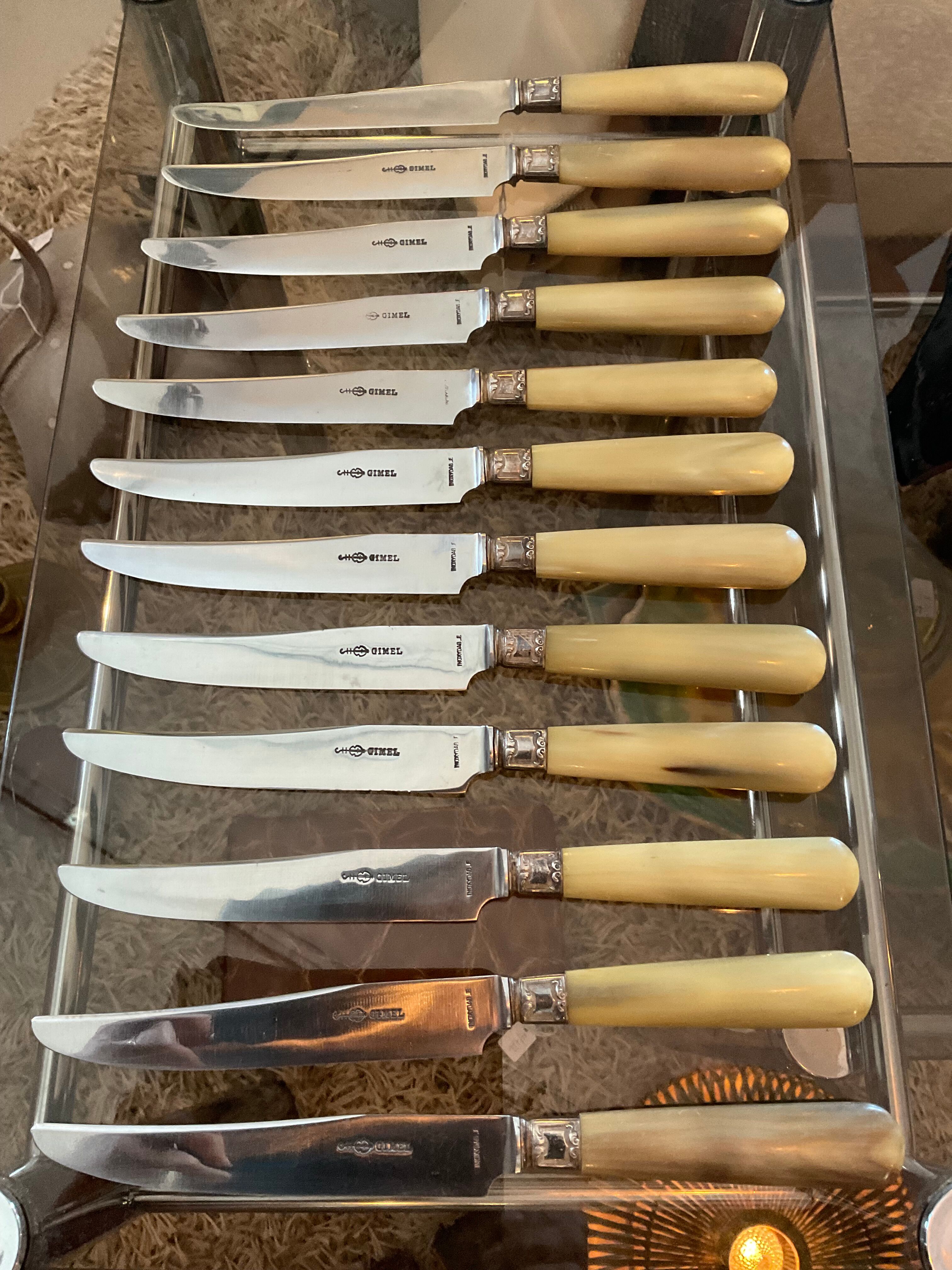 12 table knives. Horn handle