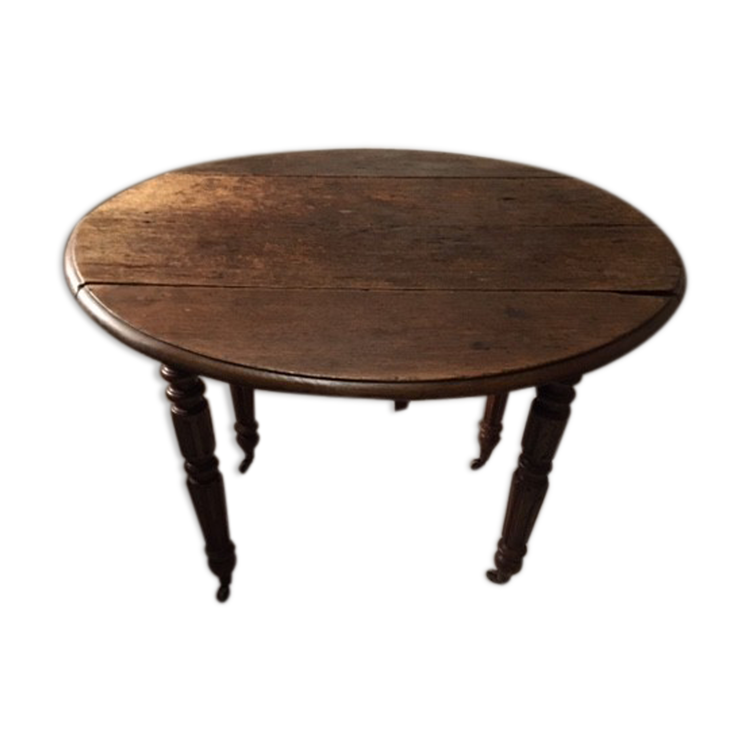 Table ronde ancienne chêne massif roulettes 2 rallonges côtés