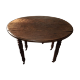 Table ronde ancienne chêne massif roulettes 2 rallonges côtés rabattables