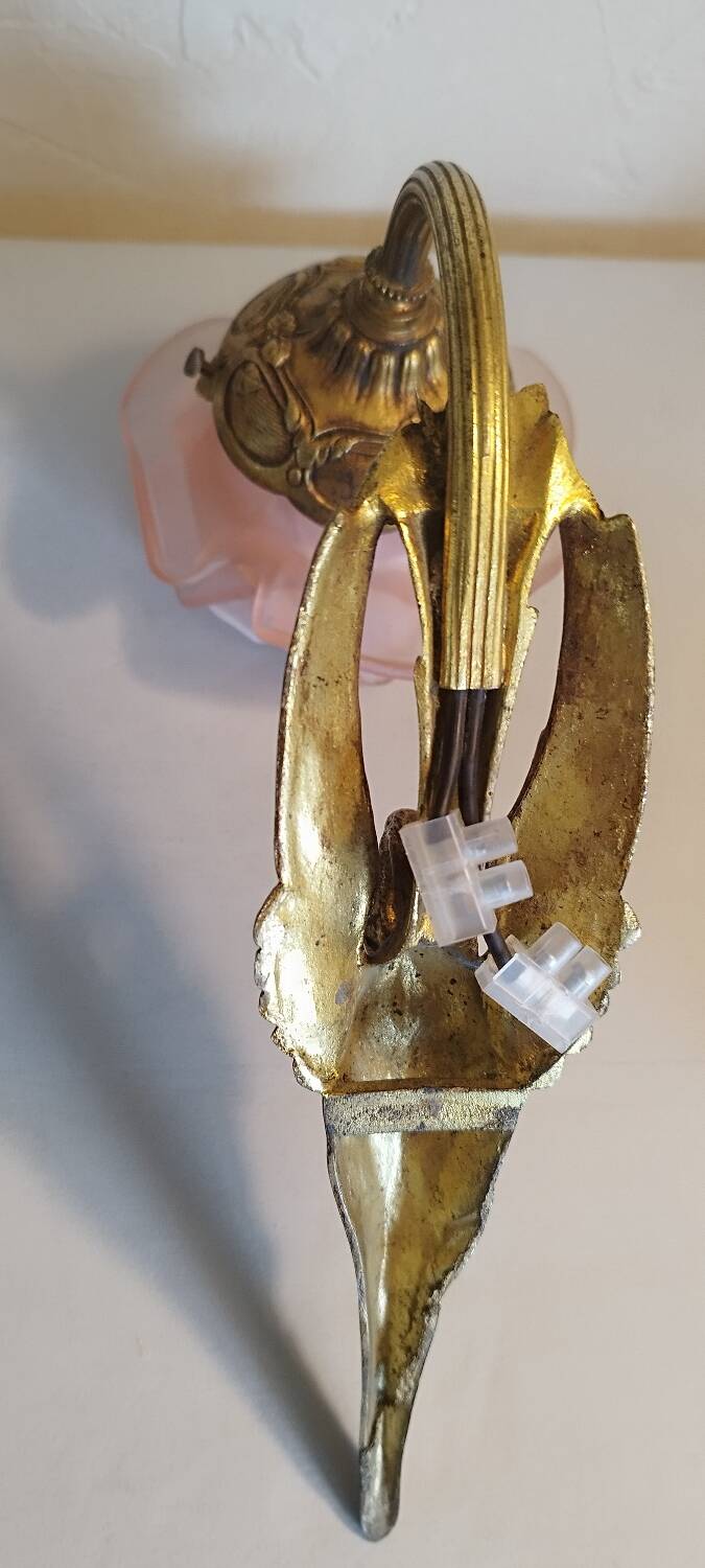 Pair of bronze swan and pink tulip wall lights in glass paste