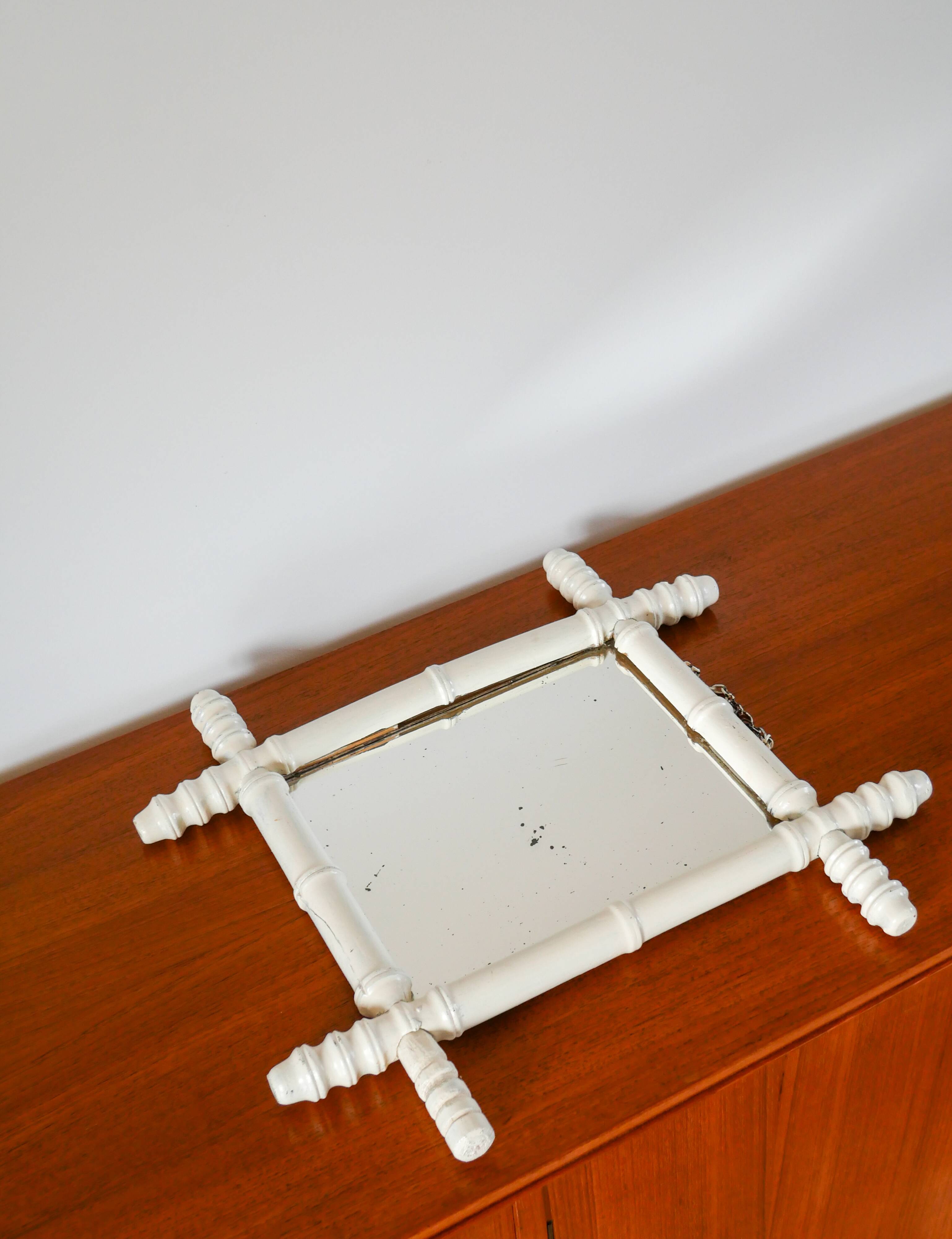 White bamboo effect wooden barber mirror 46 x 31 cm
