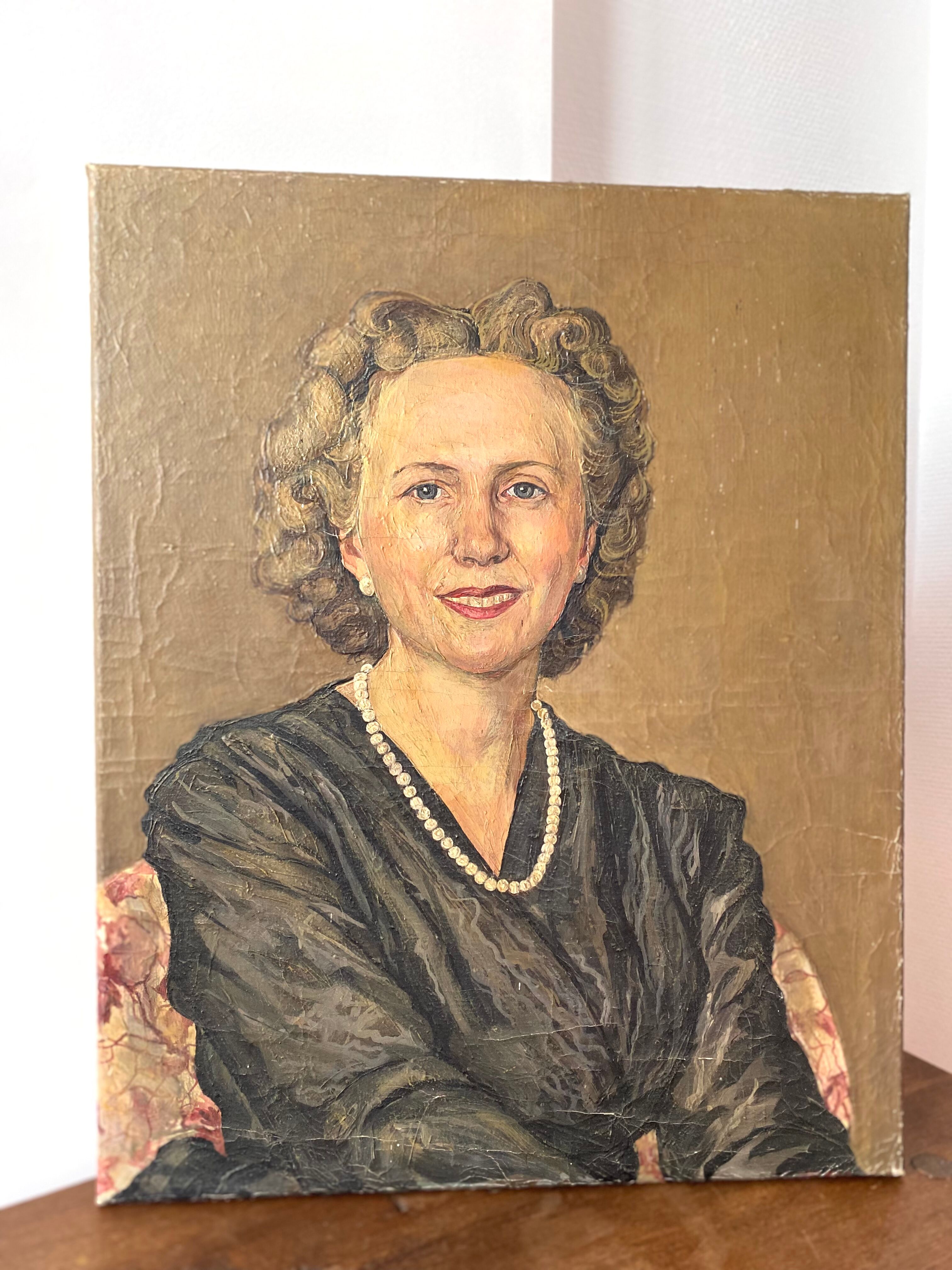 Oil portrait on canvas of an elegant vintage woman 50s