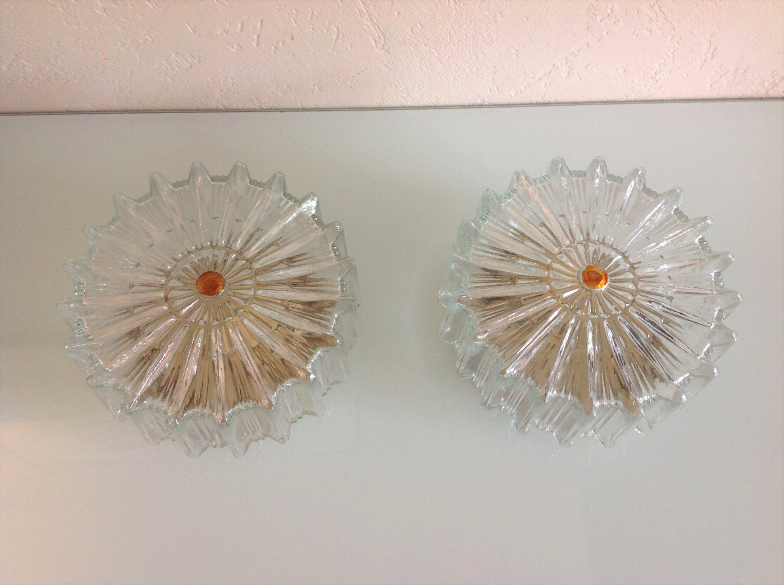 Paire de plafonniers ronds en verre structuré / vintage  années 60-70