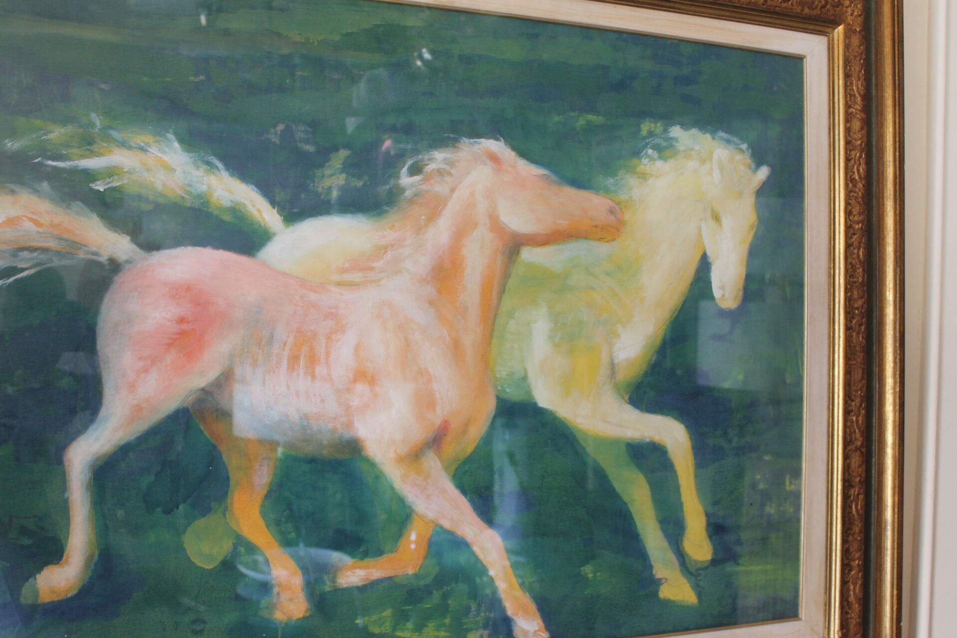 Framed painting representing horses, signed, XX th