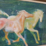 Framed painting representing horses, signed, XX th