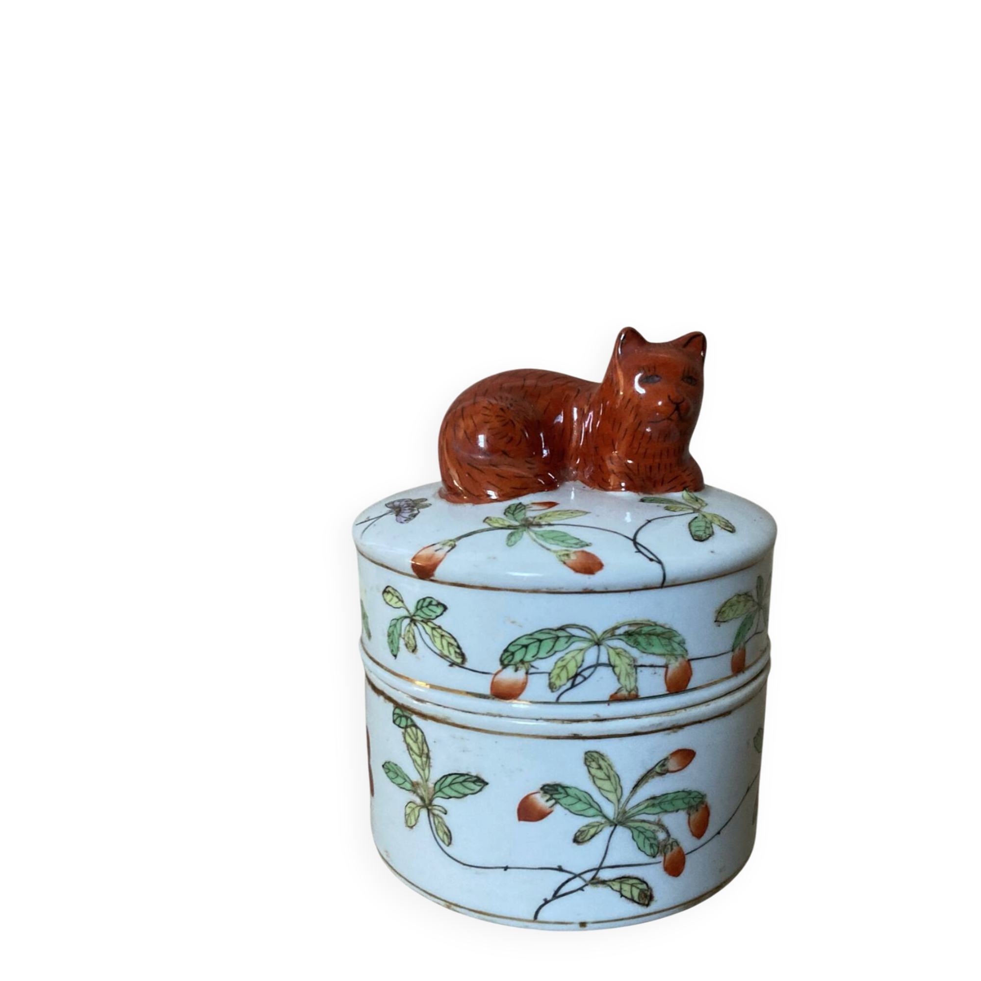Pot couvert en faïence IMARI décor fait main, fleurs papillons et chat