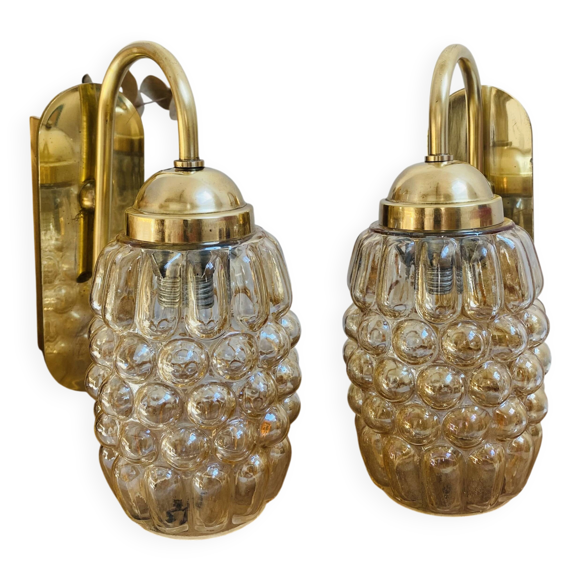 Pair of wall lights in brass and moulded bubble glass, style Helena Tynell.