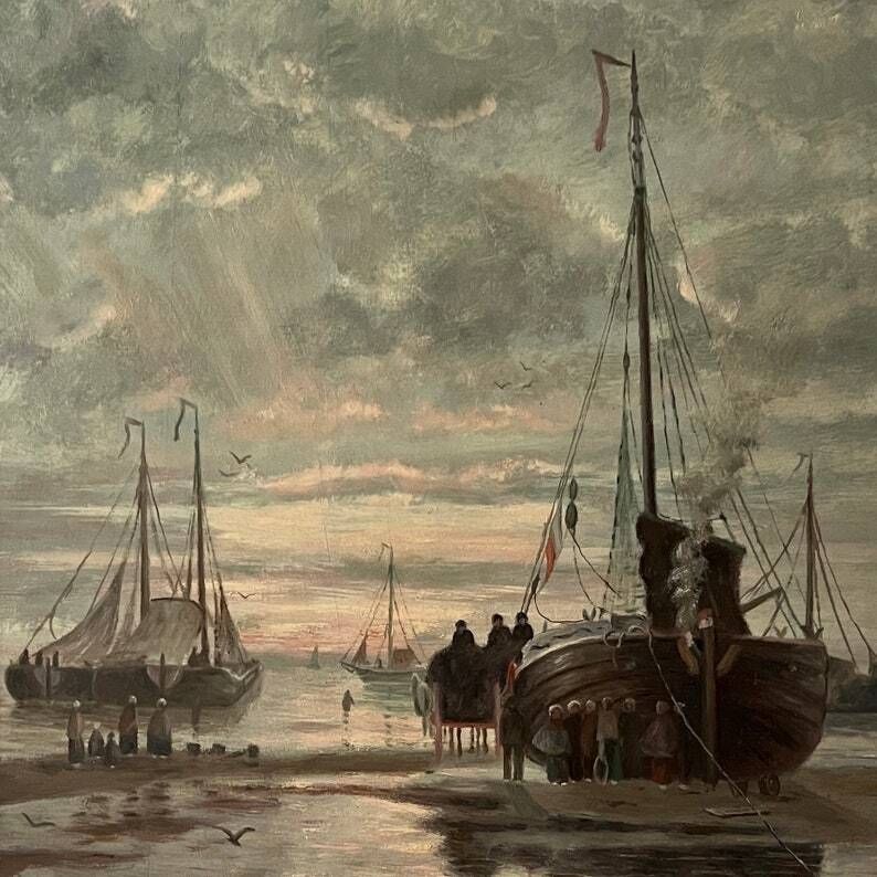 Mid 20th Century "Fishing Boat at Sea" Oil Painting