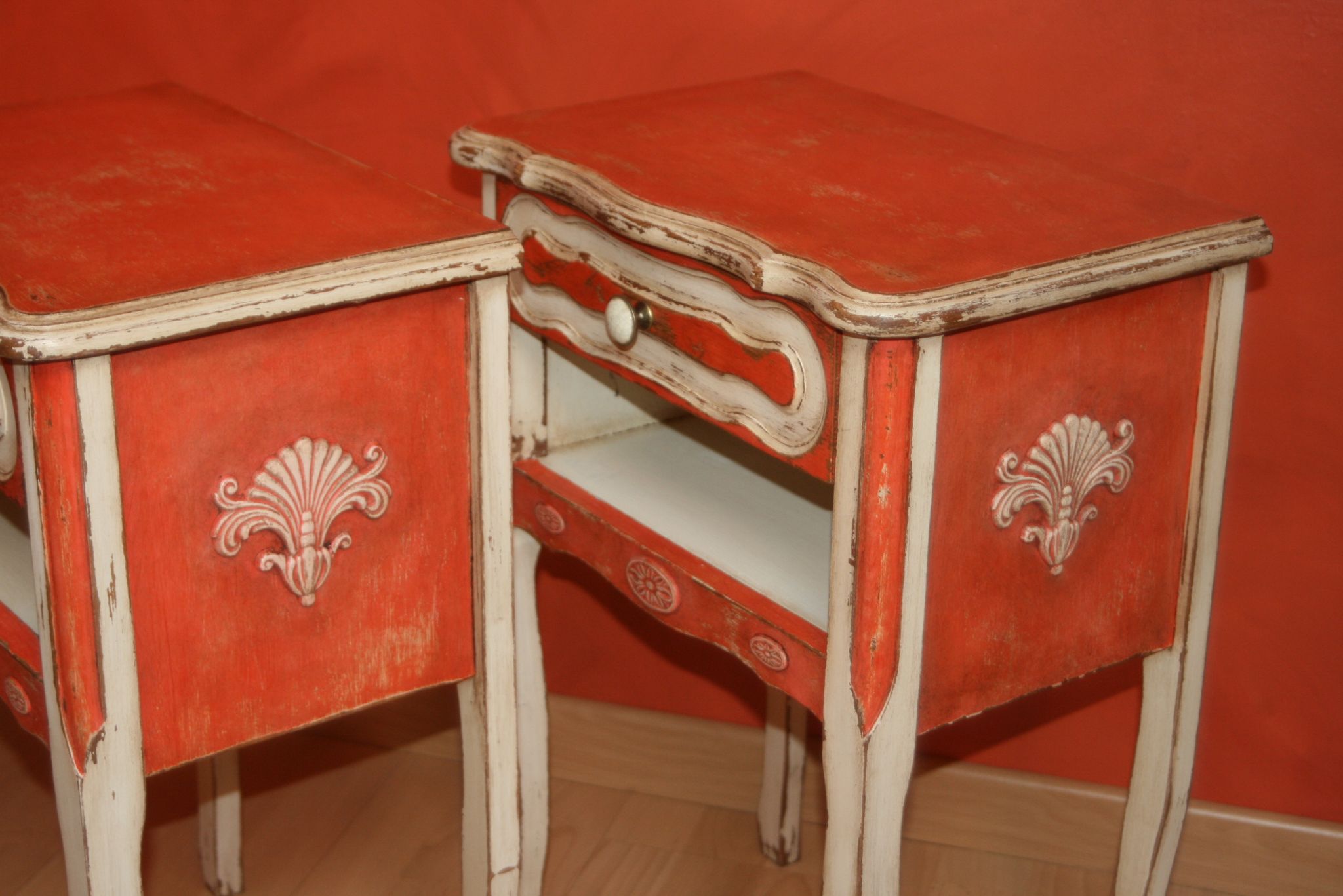 Pair of bedsides revamped red and white antique skated shabby
