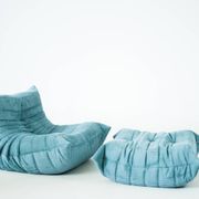 Togo set of armchair and pouf in light blue corduroy