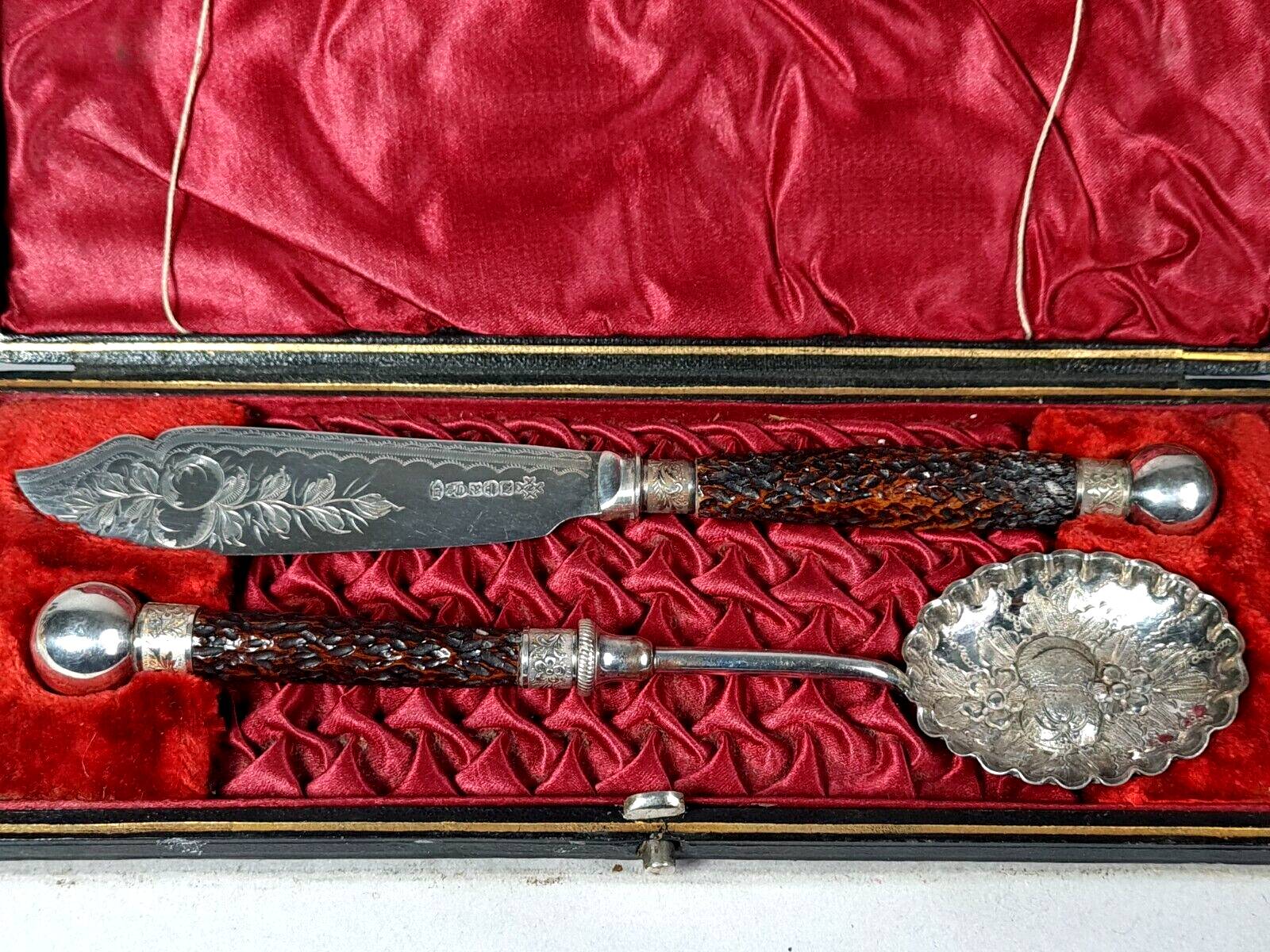 Antique English silver plated and wood dessert service cutlery B522