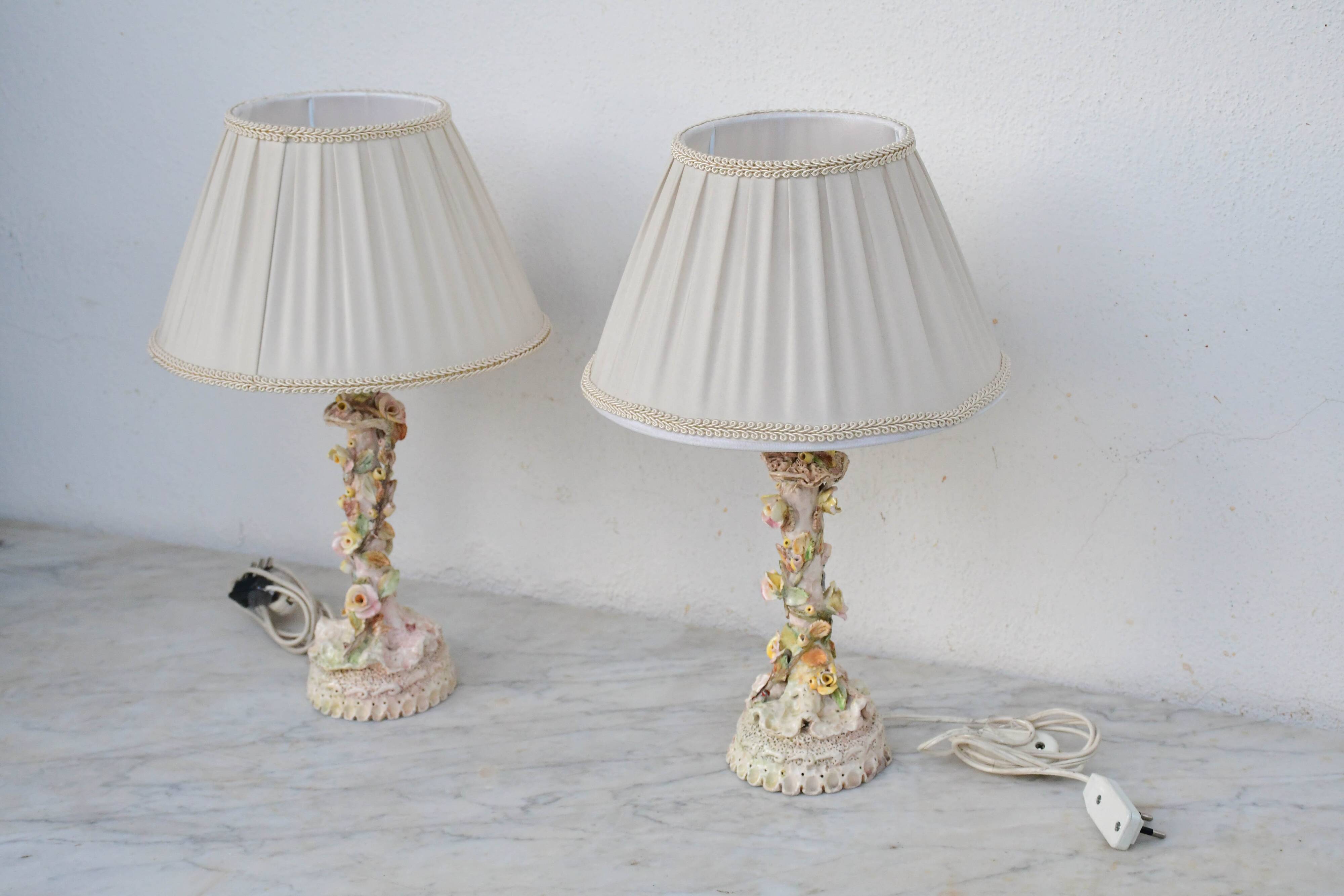 Set of 2 midcentury Italian ceramic floral table lamps