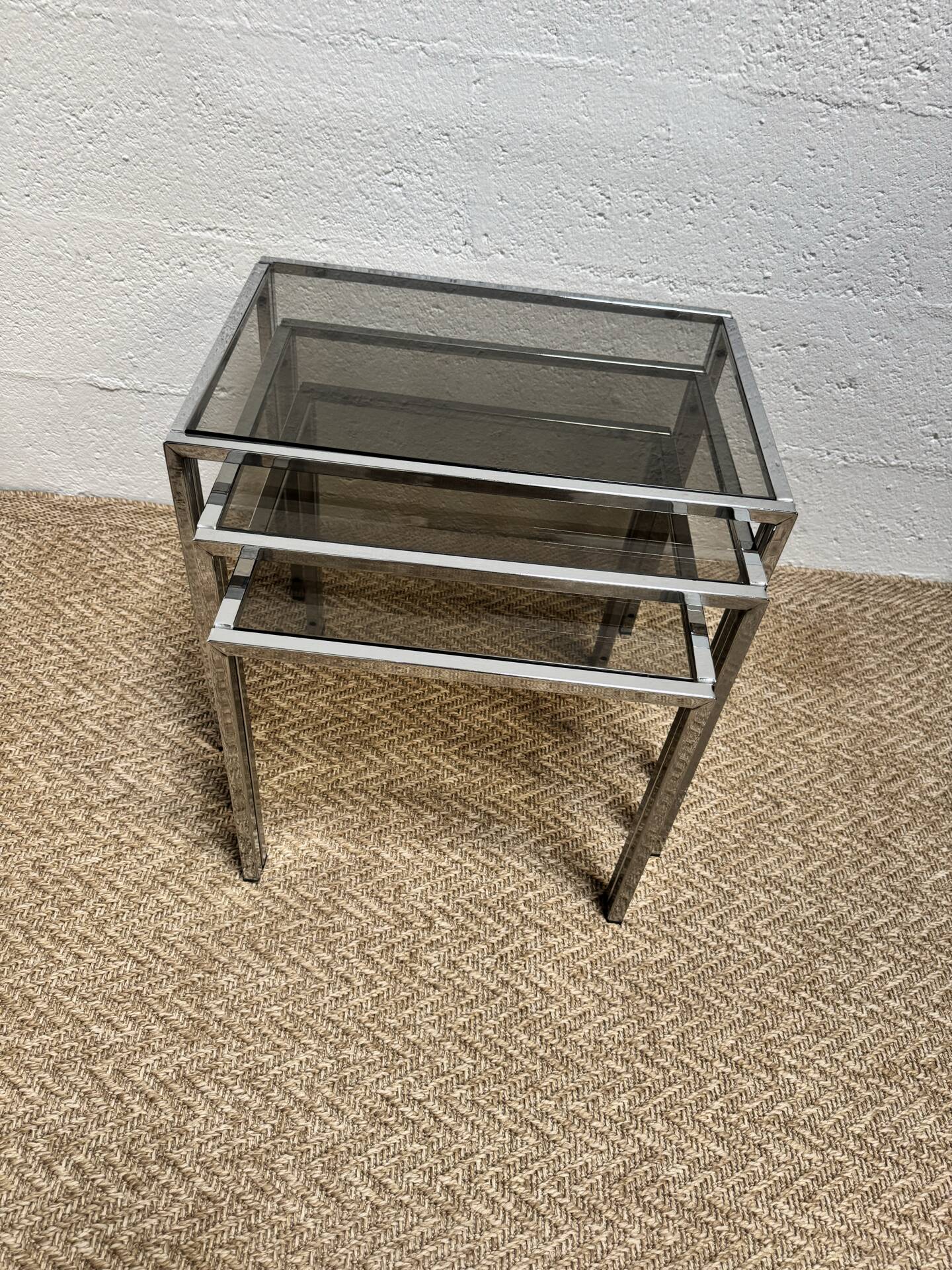 Set of 3 vintage nesting tables – Chrome metal & smoked glass