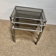 Set of 3 vintage nesting tables – Chrome metal & smoked glass