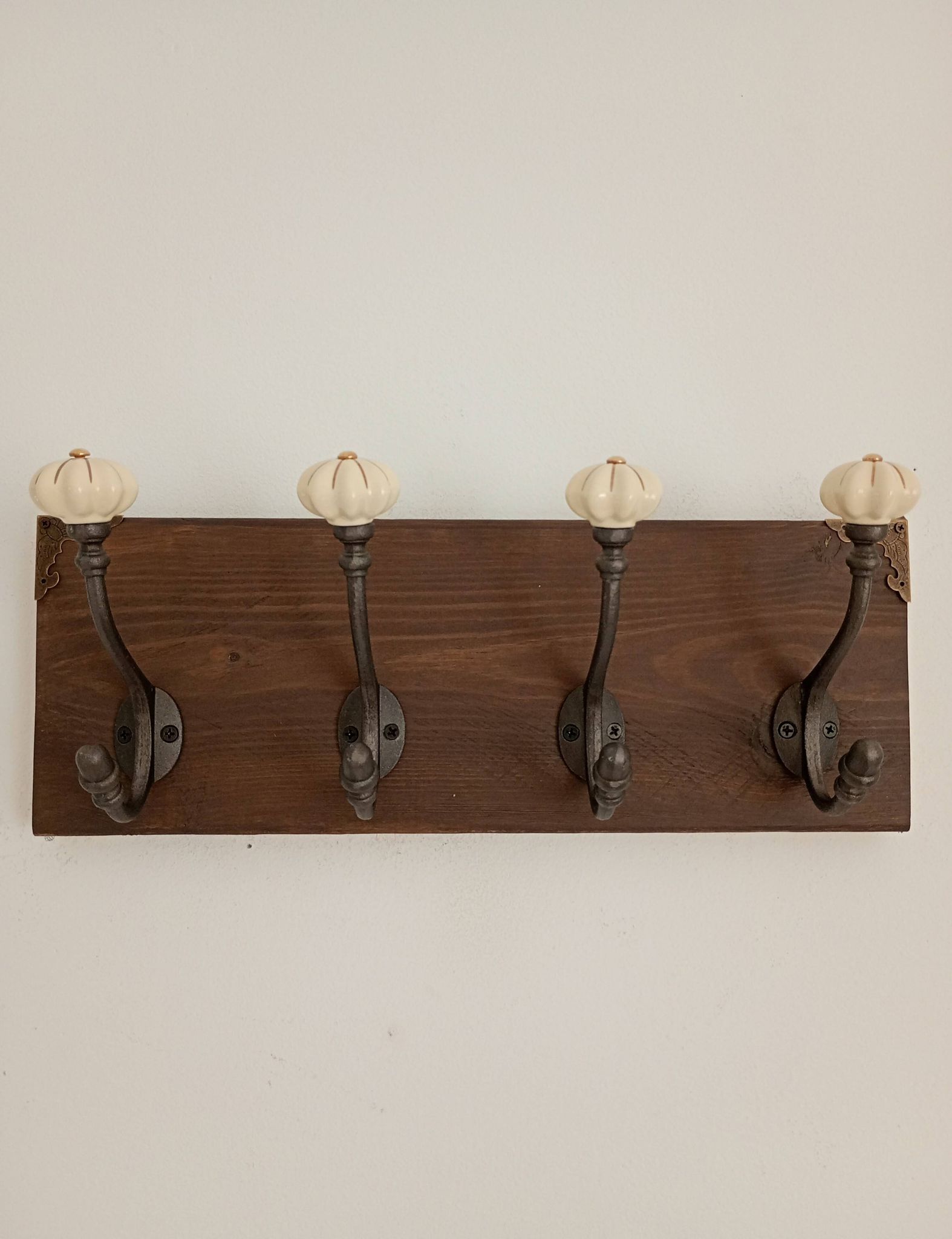 Wall-mounted coat rack wood hook cast iron and ceramic - handmade