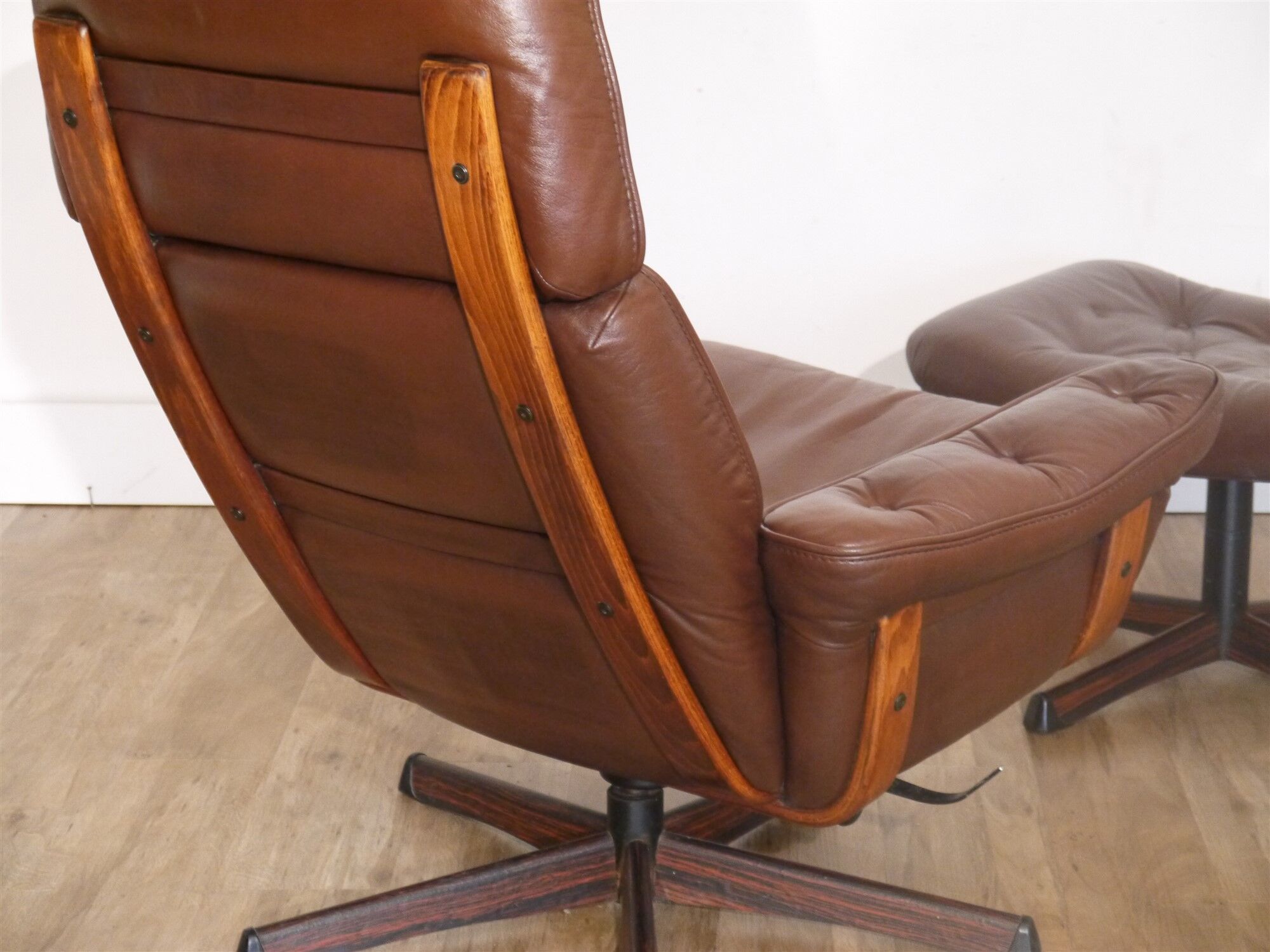 Armchair vintage Scandinavian lounge leather with ottoman 1970