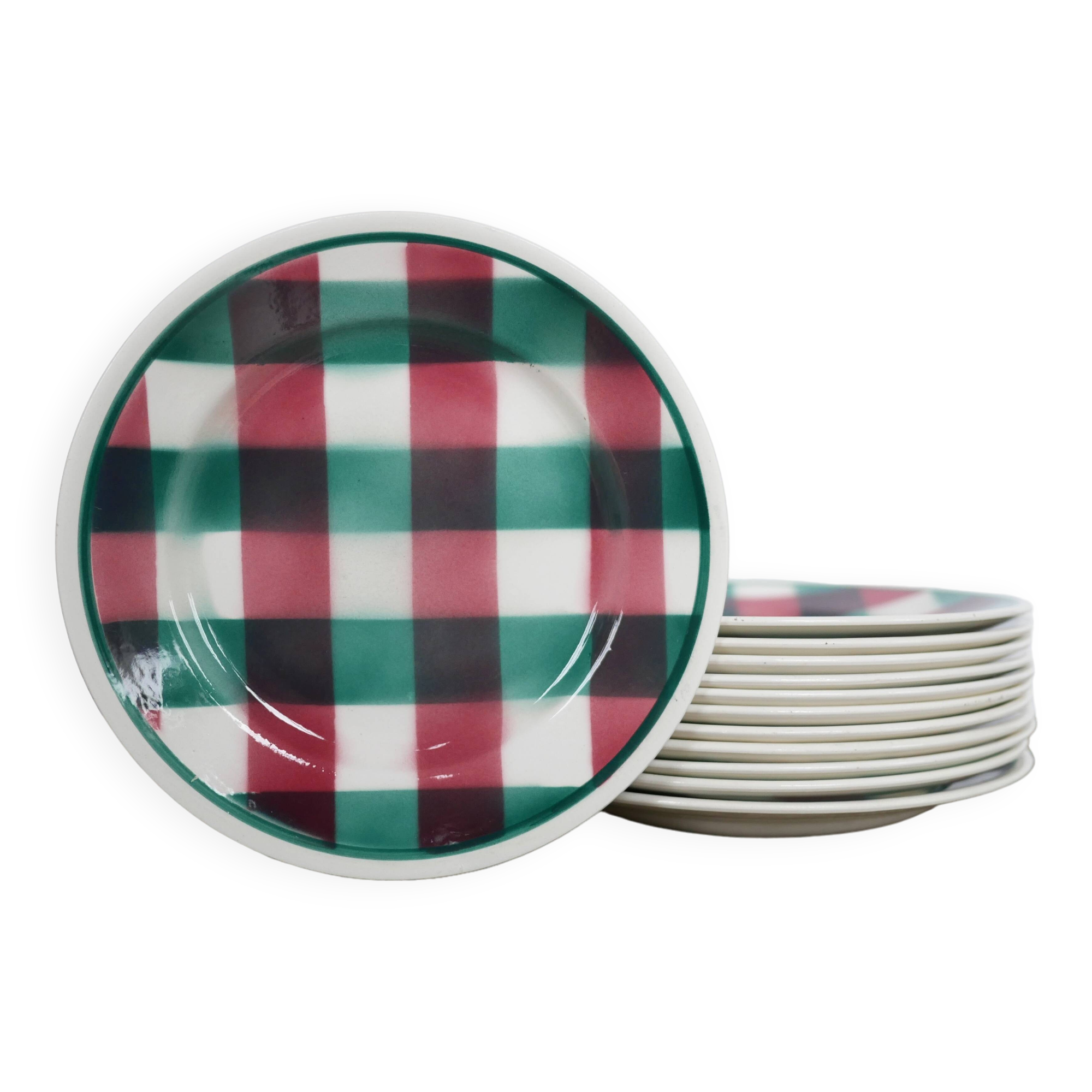 Série de 12 assiettes à dessert vintage en céramique par la Faïencerie Nouvelle, Givors France