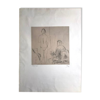 Original etching signed by Giacomo MANZÙ, Pittore et modella (Painter and model), 1958