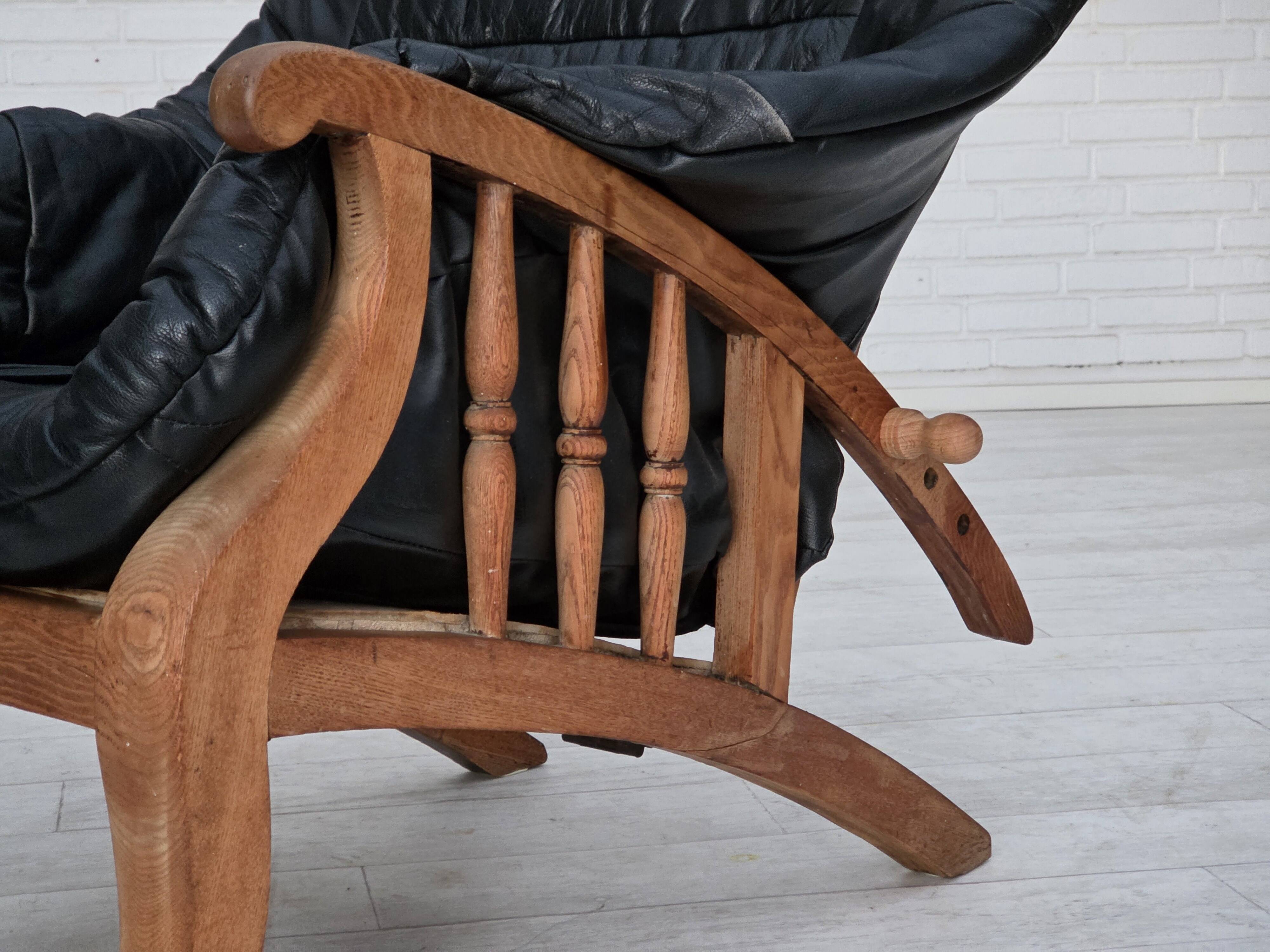 1950s, vintage adjustable armchair, black leather, ash wood.