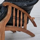 1950s, vintage adjustable armchair, black leather, ash wood.