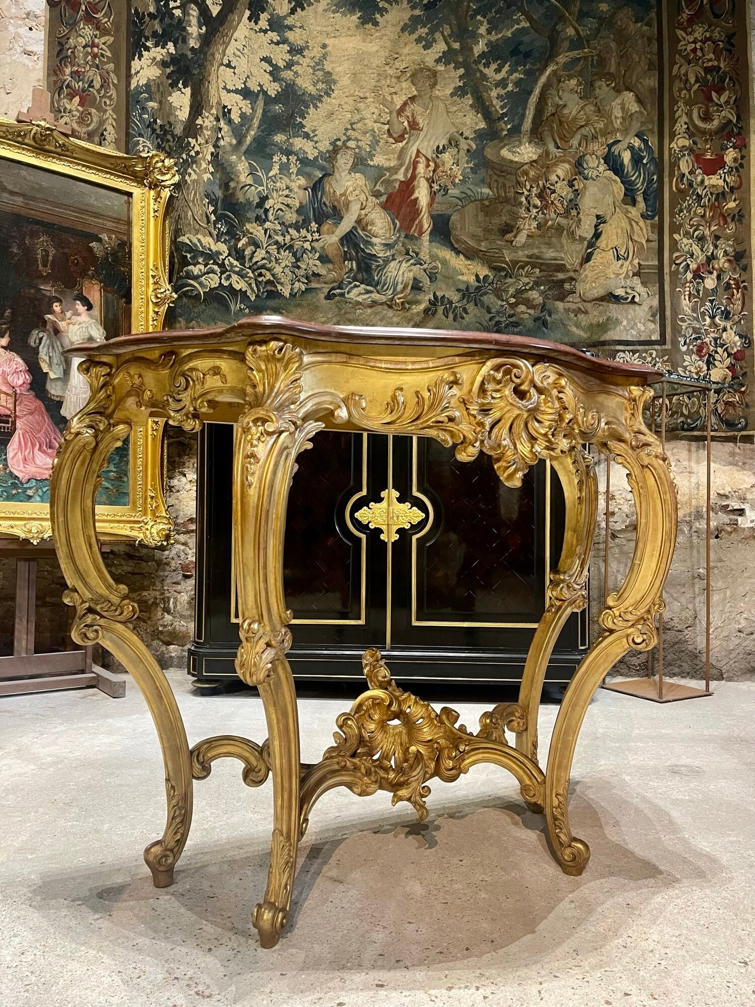 Console 4 legs Louis XV style Gilded wood period Napoleon III Griotte marble top