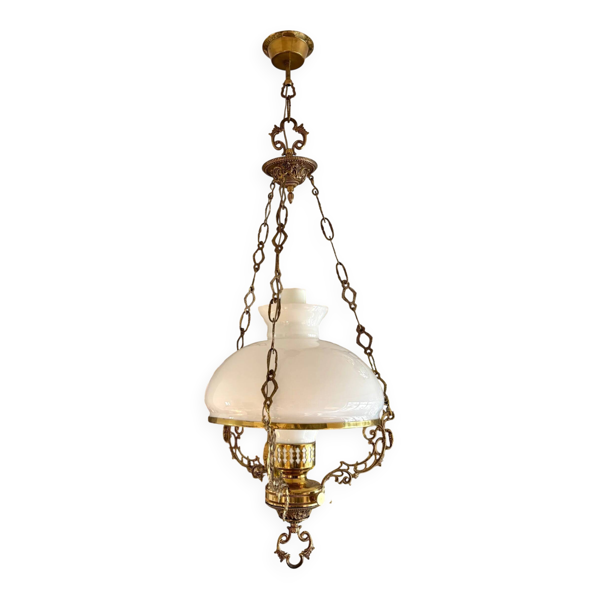 White opaline and brass pendant light