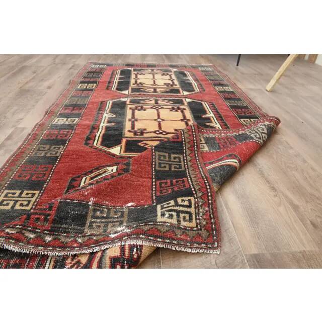 Red Vintage Turkish Oushak Handmade Woven Runner Rug 95x195