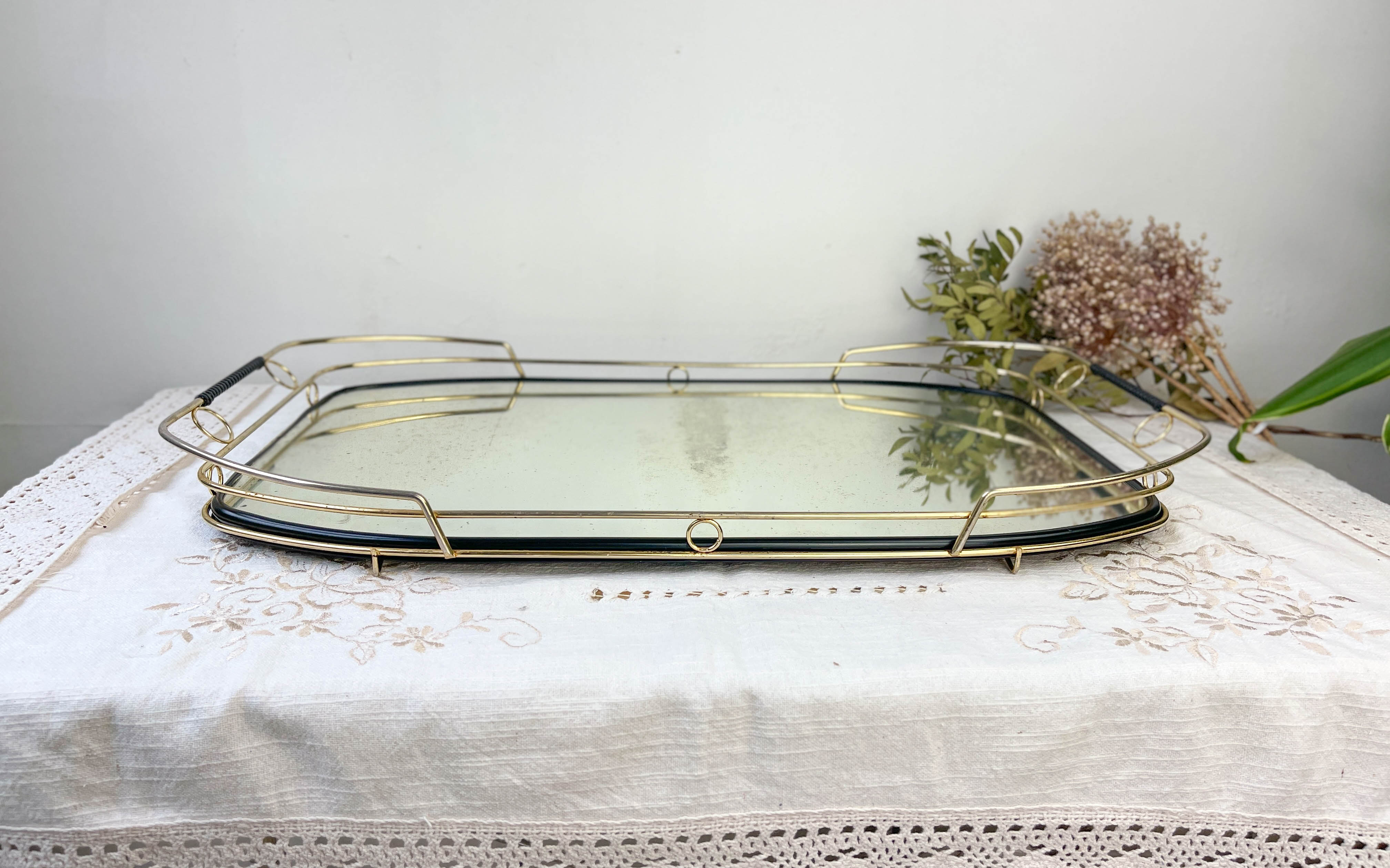 Art Deco style mirror and brass serving tray
